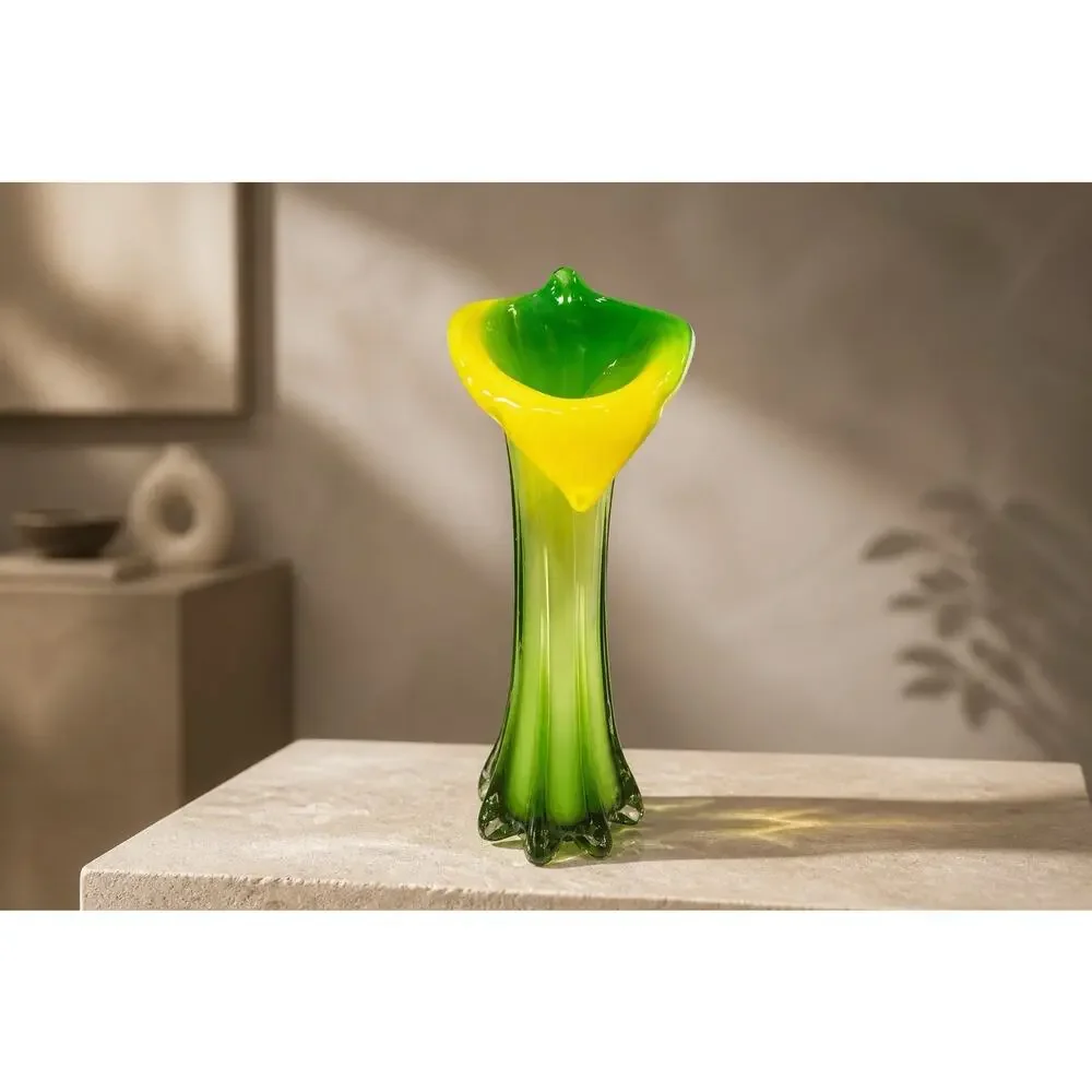 Pier 1 Imports Yellow Green White Hand Blown Glass Tulip Vase 11.75